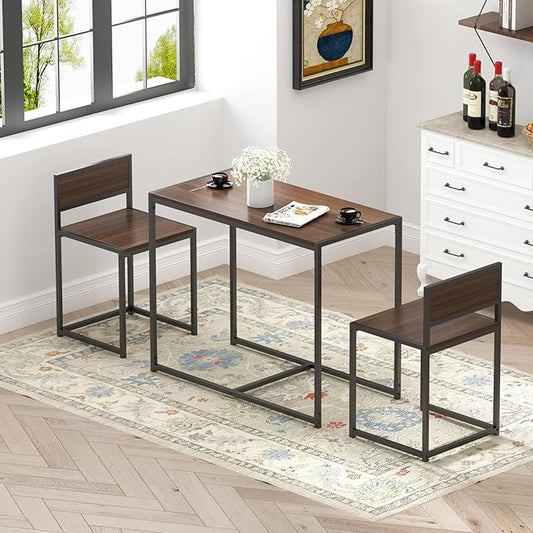 soges 3 Piece Dining Set for 2, Small Dining Table Set with 2 Chairs, Walnut Kitchen Table for Small Spaces, Breakfast Nook Set, Compact Apartment Dining Room Table