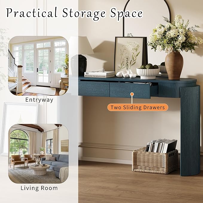 MTHOUSE 55.1" Entryway Narrow Console Table with Drawers, Oval Top & Fluted Legs, Natural Wood Grain Sofa Table for Hallway, Foyer, Behind Couch, Accent Table for Living Room, Solid Wood + MDF (Navy)