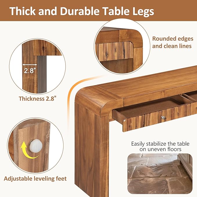 Farmhouse Modern Curved Console Table 54.3-Inch Sofa Entry Table Fluted Accent Tables with Storage Drawers for Living Room Entryway Hallway Furniture, Brown