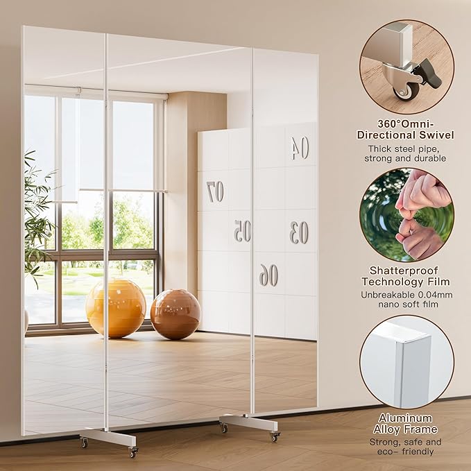 brisafe 67"x55" Folding Mirror with Wheels, 3-Panel Full Length Wall Mirror, Space-Saving Design, Shatterproof Nano Material, Portable Floor Mirror for Gym, Dance Studio, Home, Commercial Use, White