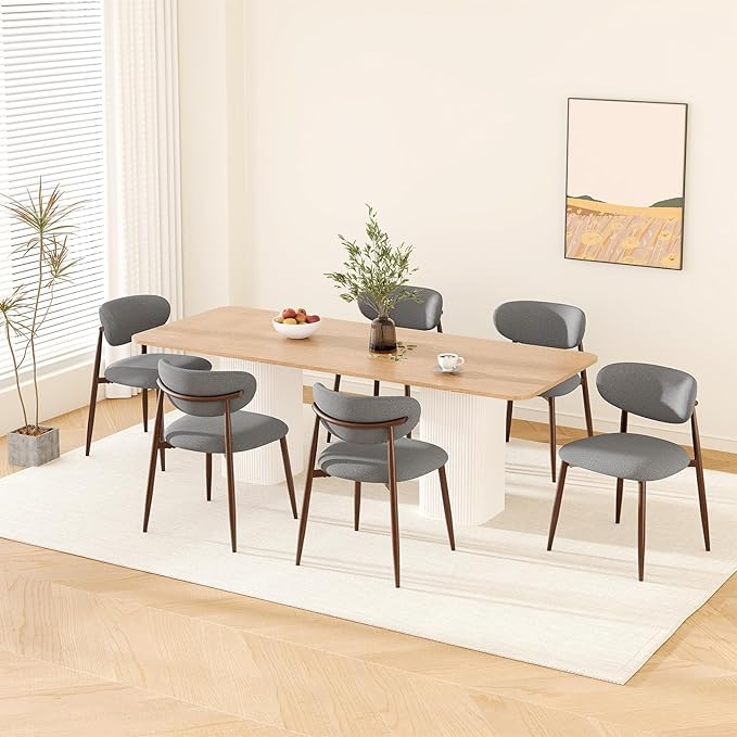 Dining Chairs Set of 6, Upholstered Dining Room Chairs with Metal Legs and Anti Slip Pads, Curved Back Kitchen Chair for Home and Restaurant Use, Light Grey