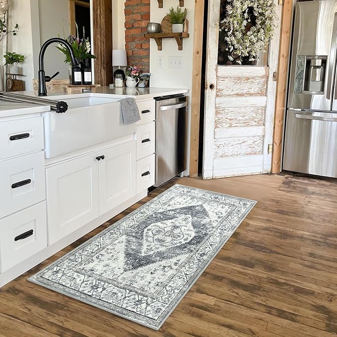 Lahome Boho Hallway Rug Runner - 2x4 Washable Non-Slip Small Bathroom Runner, Oriental Distressed Untra-Thin Carpet Rug for Kitchen Entryway Bedroom Laundry Room, Grey