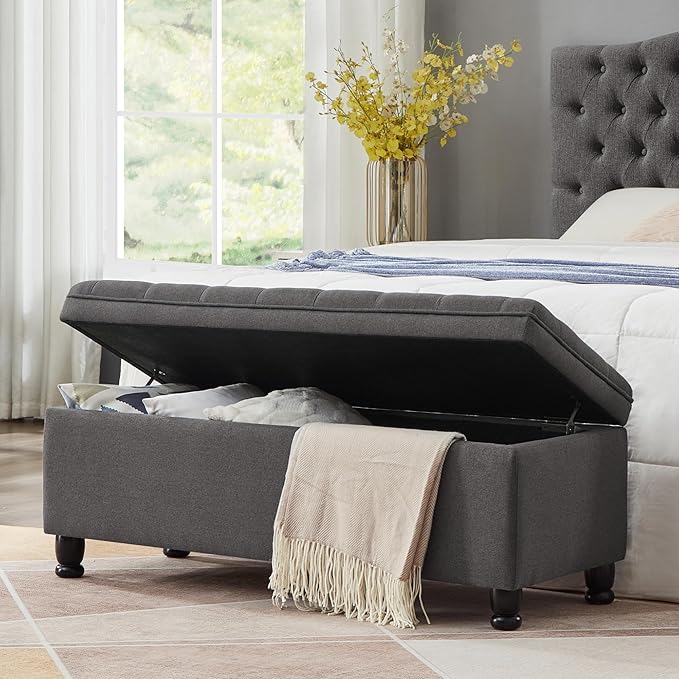mikibama Bed End Storage Ottoman Bench,Linen Upholstered Storage Benches for Bedroom,Tufted 45" Long Ottoman Bench with Storage for Living Room Entryway Window(Dark Grey 45")