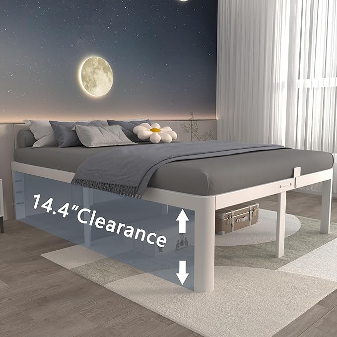 ITIMIDI 16 Inch Full White Bed Frames No Box Spring Needed, Metal Platform Bed Frame Full Size, Heavy Duty Steel Support 3500 LBS, Storage Space, Round Corner Legs, Noise Free, Easy Assembly