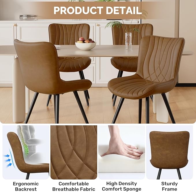 Dining Chair Set of 2 PU Leather Dining Room Chairs Upholstered Comfy Dining Chairs Modern Kitchen Armless Side Chair with Sturdy Metal Legs,Brown