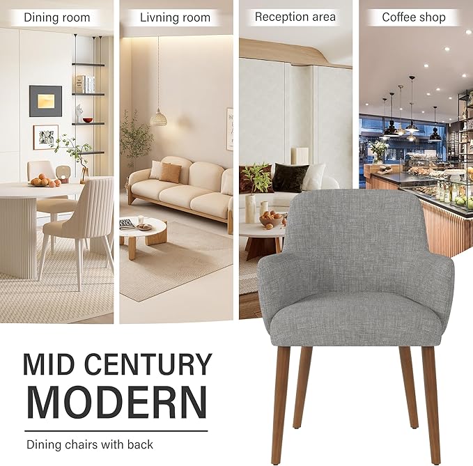 Upholstered Dining Chairs Set of 4, Modern Kitchen Chairs with Back and Curved Armrest, Fabric Side Dining Room Chairs with Wood Legs for Kitchen Dining Room Restaurant, Grey