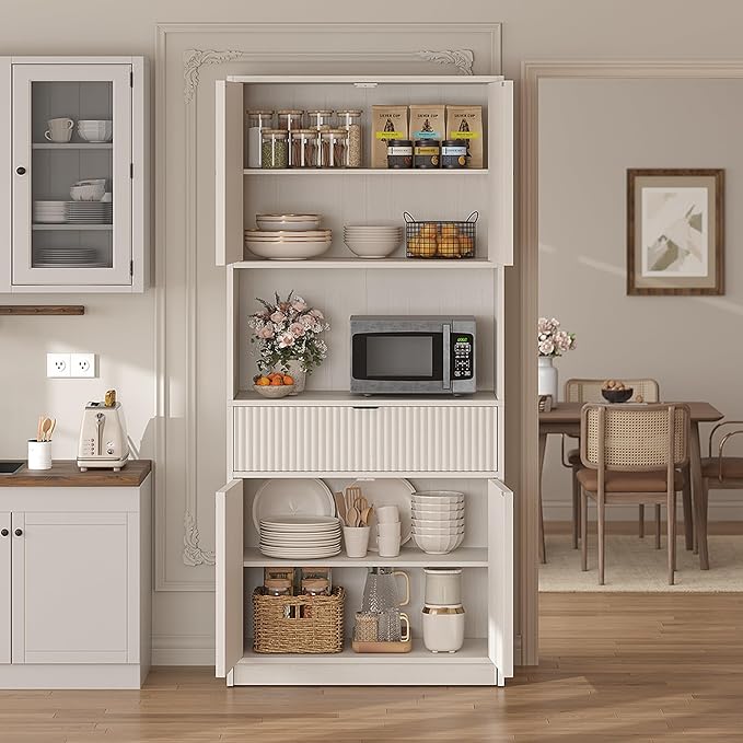 IDEALHOUSE Tall Storage Cabinet, 70" Kitchen Pantry Cabinet with Doors, Fluted Kitchen Hutch Cupboard with Microwave Shelf & Drawer, Freestanding Cupboard for Dining Room, Living Room, Antique White