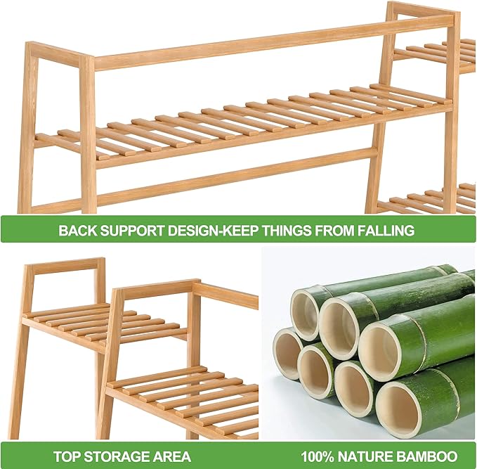 RELIANCER Bamboo Clothing Garment Rack,Free Standing Clothes Coat Hanger,Closet Organizer w/Shoe Rack,Multi-tiered Wardrobe Storage Shelves,Clothes Hanging Racks for Hall,Living Room,Bedroom,Entryway