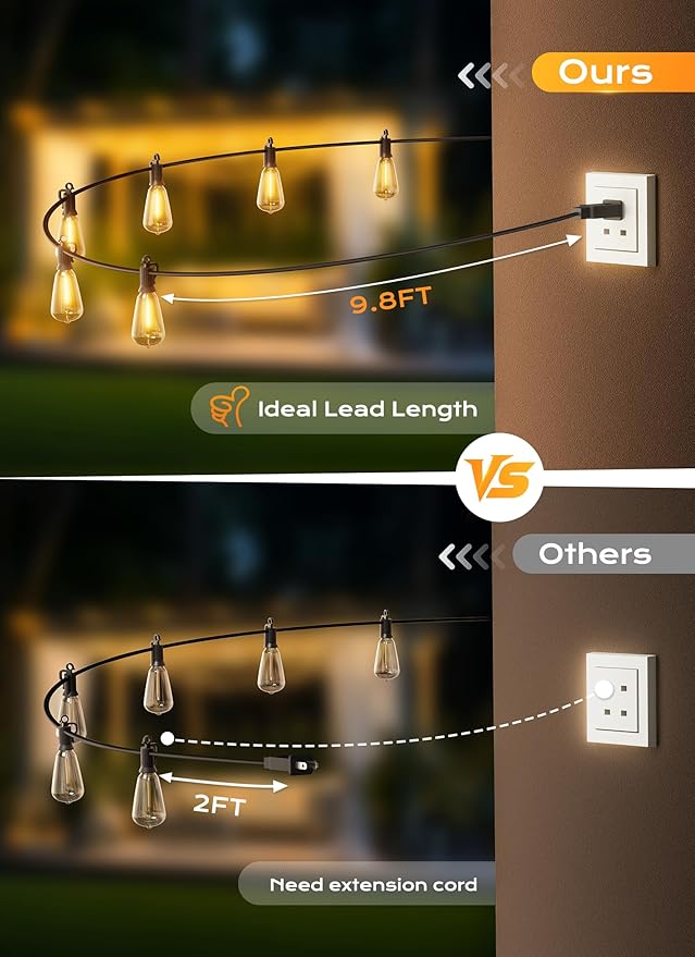 Brightown Outdoor String Lights, 200FT 64+2 LED ST38 LED Patio Lights Shatterproof, Dimmable IP65 Waterproof Connectable Hanging Outdoor Light for Backyard, Porch, Deck, Balcony