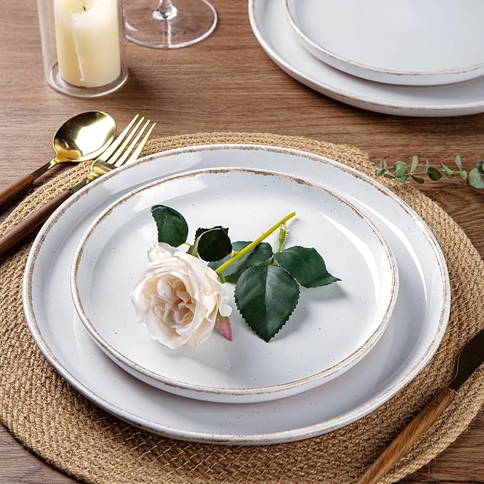 AmorArc 24 Pieces Ceramic Dinnerware Sets for 6, Handpainted Plates and Bowls Set with Rustic Terracotta Underside, Scratch Resistant Stoneware Dishes Set, Dishwasher & Microwave Safe, White