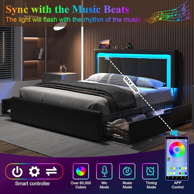 Queen Size Bed Frame with 4 Storage Drawers and LED Lights, Upholstered Platform Bed with Adjustable Headboard and Charging Station, Metal Slats Support, No Box Spring Needed,Easy Assembly, Black