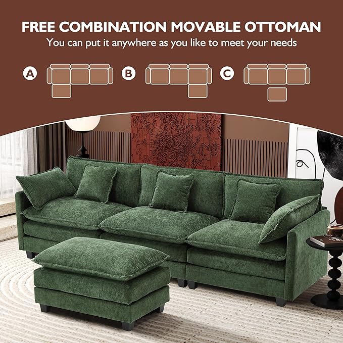 Ihanherry 111.4" L Shaped Modern Sofa Modular Sectional Cloud Couch with Ottoman, 4-Seat Chenille Deep Seat Sofa with Pillow for Living Room, Bedroom and Apartment, Green