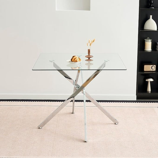 36" Square Glass Dining Table Modern Kitchen Glass Top Table for 4 with Silver Chrome Metal Legs, Clear Dining Table Kitchen Table for Home Office Dining Room
