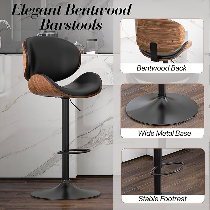 Adjustable Swivel Bar Stools 1 PC, Modern Bentwood Barstool with Large Metal Base and Footrest, PU Leather Upholstered Bar Chair with Curved Back for Kitchen Island Dining Room, Black