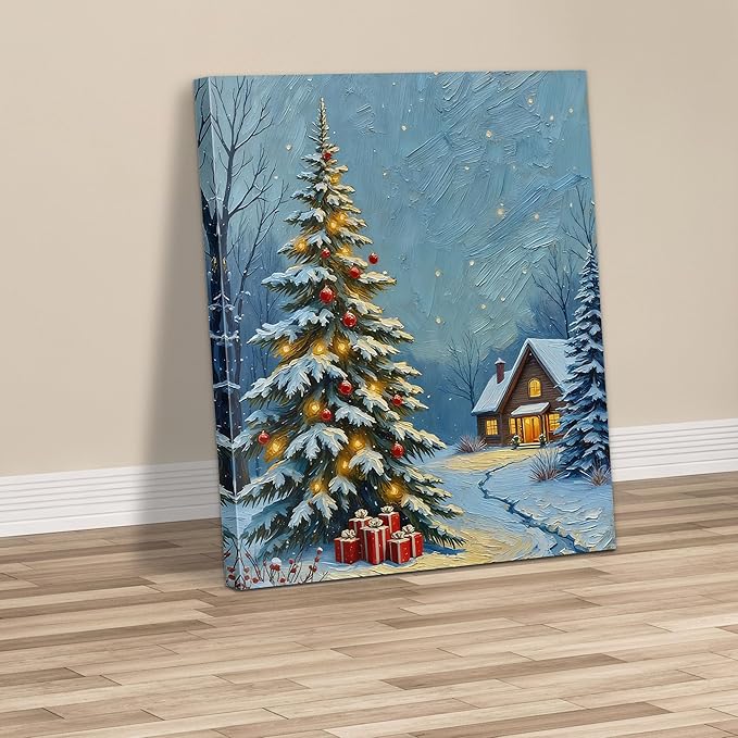 Framed Christmas Pictures Wall Decor,Vintage Pine Tree Prints,Winter Christmas Canvas Wall Art Decoration for Bedroom Bathroom Living Room Rustic Xmas Holiday Gifts (Christmas Tree 20, 11'' X 14'')