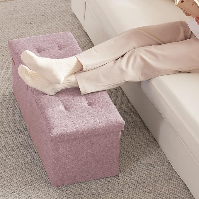 HAUSFRAU 31.5 Inches Ottoman with Storage Bench, Folding Ottoman Bench Small Foot Rest Stool, Bedroom Bench with Flipping Lid, Linen Nude