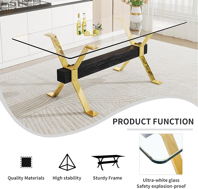 79" Glass Dining Table, Modern Kitchen Table, Modern Dining Table for 8, 0.5" Thick Tempered Glass Tabletop with Gold Chrome Metal Legs and Black Crossbar, Ideal for Dining Room, Kitchen