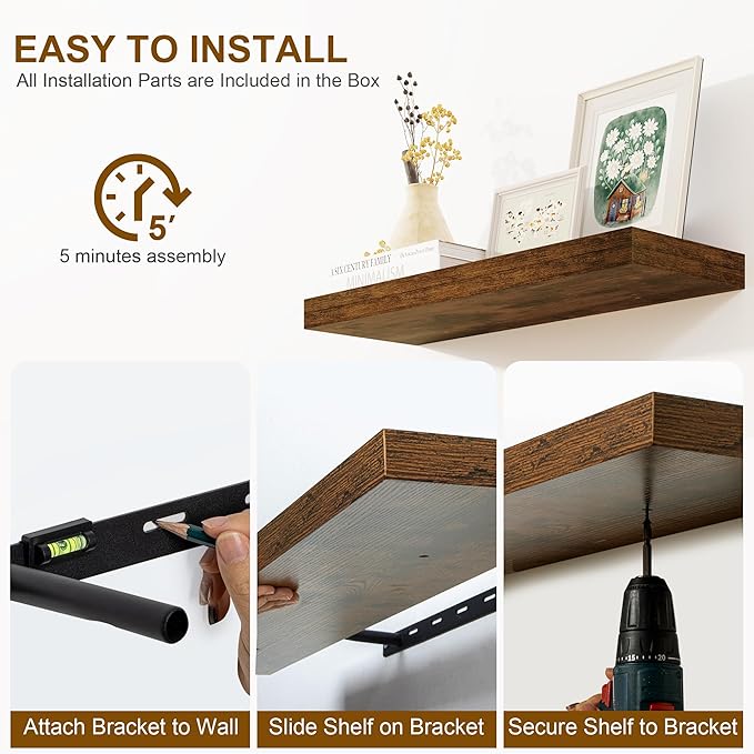 Fun Memories Floating Shelves for Wall, 48Inch Floating Shelves Set of 2, Hanging Shelf with Invisible Brackets, Wood Shelves for Living Room, Bedroom, Kitchen, Brown