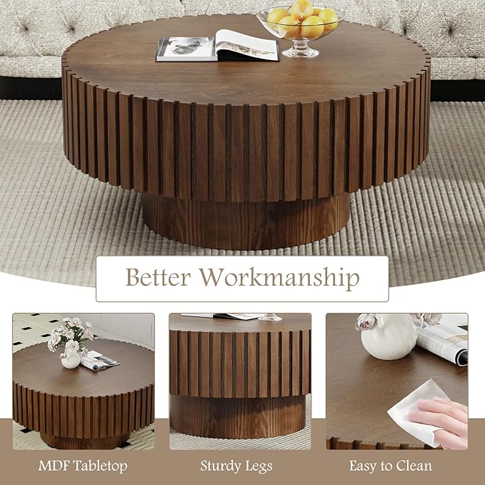 Fluted Coffee Tables 31.5" Round Wood Coffee Table Modern Handcraft Drum Coffee Table with Sturdy Pedestal Unique Coffee Tables for Living Room Home Office (Round Brown)