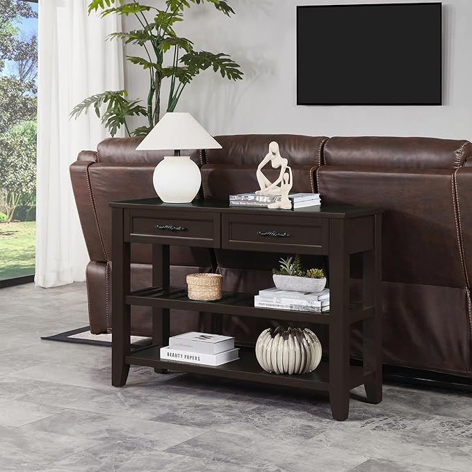 Retro Design Console Table with Two Open Shelves, Pine Solid Wood Frame and Legs for Living Room