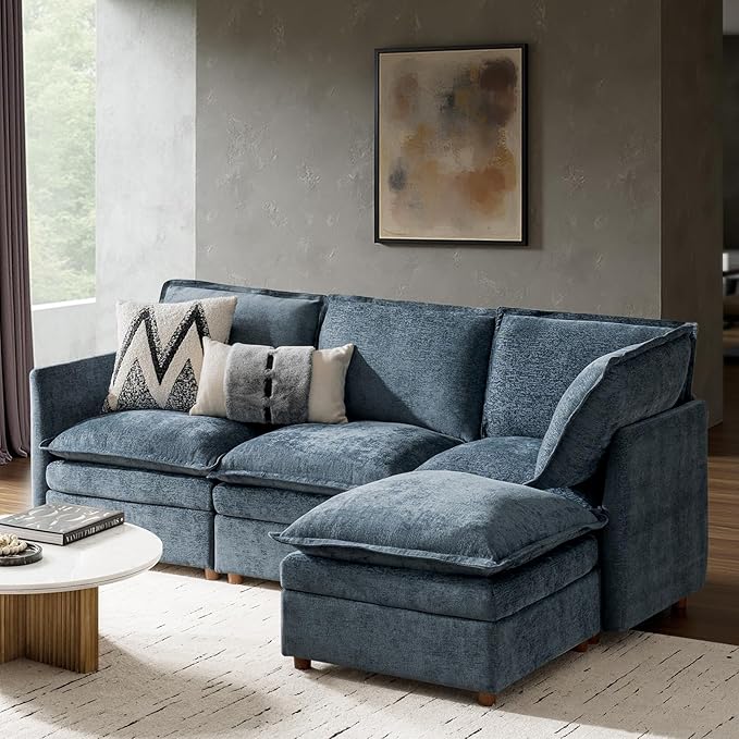 HULALA HOME 98'' Oversized Modular Sectional Sofa with Dual-Layered Cushions, L Shaped 4 Seater Couch with Storage Ottoman and Removable Cover, Modern Deep Seat Cloud Couch for Living Room, Blue