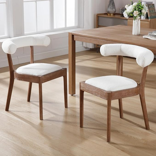 Kmax Dining Room Chairs Mid-Century Modern Sherpa Kitchen Chairs with Natural Walnut Finished Frame, Fur Curved Back, Set of 2, White