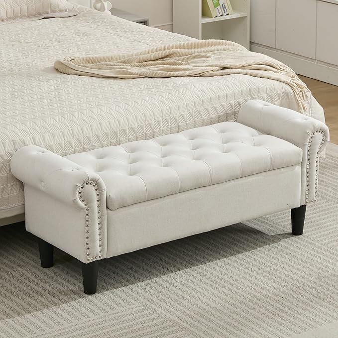 Storage Bench, 50" Queen End of Bed Bench, Linen Tufted Button Upholstered Bedroom Bench, Storage Ottoman with Rolled Arms, Window Bench with Storage, for Living Room, Entryway Beige
