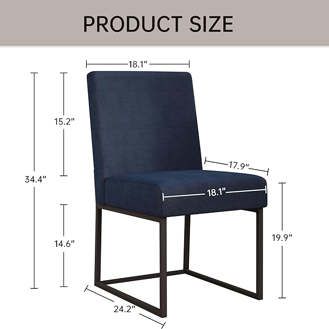 VKNOW Upholstered Dining Chairs Set of 6, Modern Dining Room Chairs, Linen Kitchen Chair Dinner Chair with Black Metal Base for Kitchen Office, Blue-Unstriped