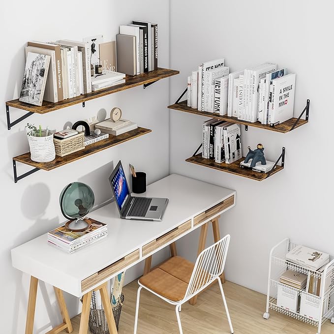 Heimlove Deep Floating Shelves for Wall, 24W x 12D Wood Wall Shelves Set of 2, Wide Floating Bookshelf for Living Room, Kitchen, Office, Bedroom and Decor Storage, with Metal Bracket - Rustic Brown