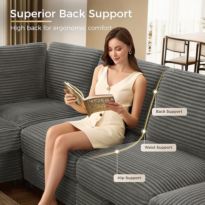 KKL Modular Sectional Sofa L-Shaped 4 Seater Couch with Storage Ottoman, Plush Wide-Wale Corduroy Couch for Living Room, Apartment, Modern Design, Gray