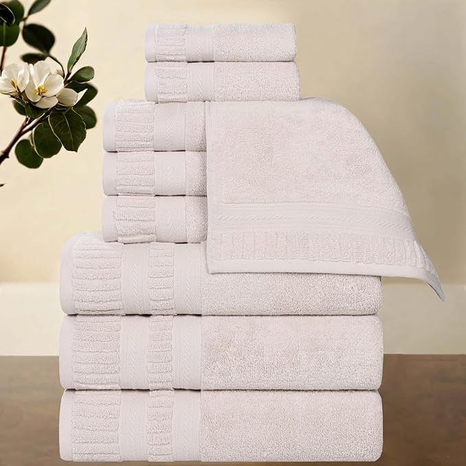 Superior Venice Zero Twist Cotton Medium Weight Towels, for Guest Bath, Bathroom, Shower, Spa, Plush Towels, Bath Essentials, Ribbed Textured Border, 9 Piece Assorted Towel Set, Silver