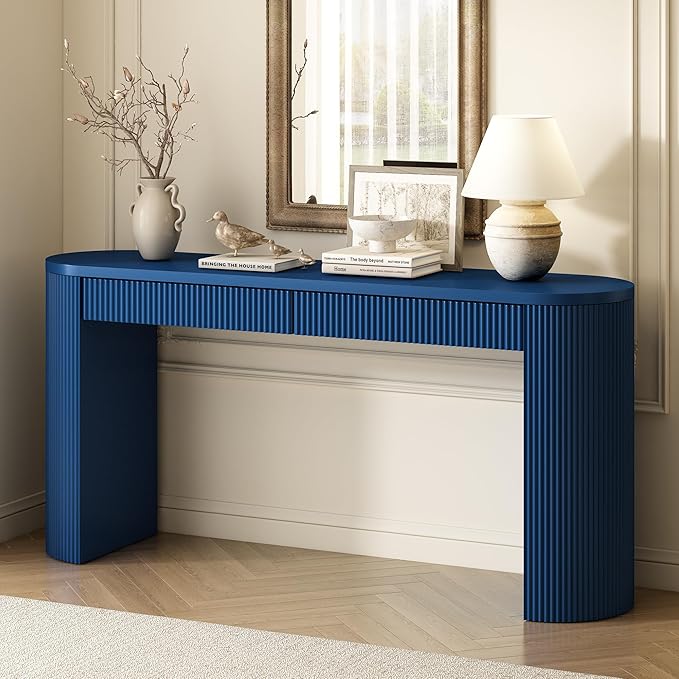 58.2" Entryway Table with Large Top and Dual Drawers,Console Table with Arched Sturdy Legs Stripe Design,Pine Veneer Sofa Table with Adjustable Feet for Living Room, Hallway,Foyer, Kitchen