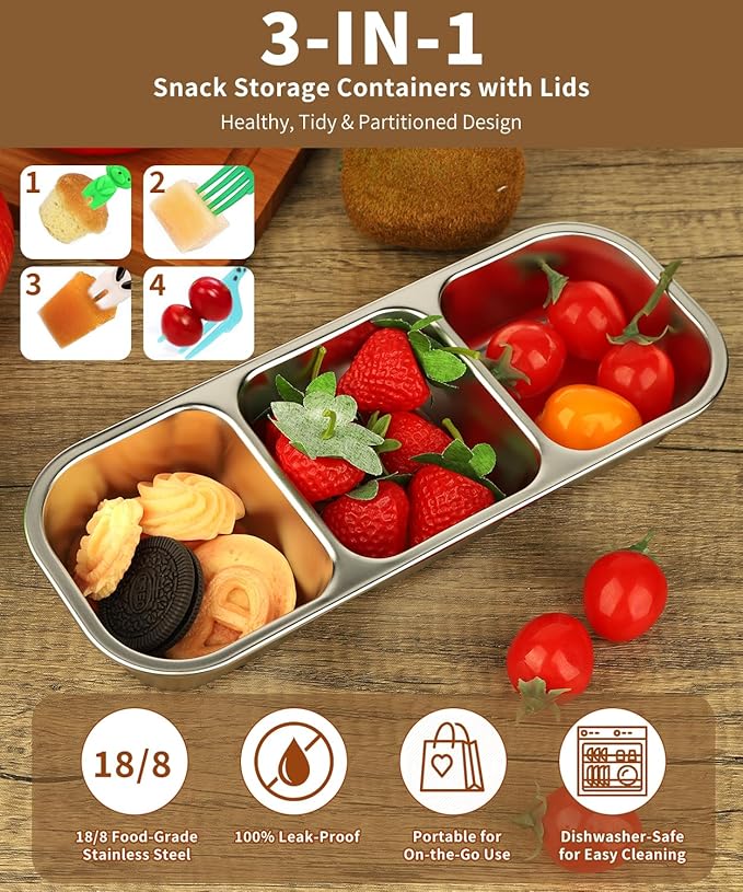 4 Pack Bento Box,Stainless Steel Snack Containers With Lids,Leak Proof Metal Lunch Box with 3 Compartments,Reusable Lunch Meal Prep Containers for office,Work,Travel For Adults Little One