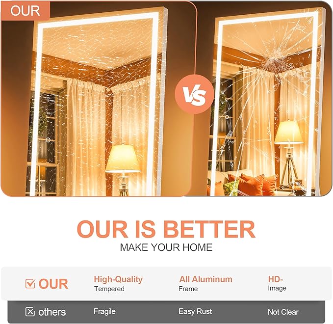 Full Length Mirror with Lights, 71" x 28" LED Lighted Floor Standing Mirror, Tempered Glass, Square White