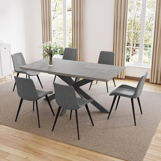 ZckyCine 51"-67" Extendable Dining Table Set with 6 Dining Chairs, Modern Rectangular Kitchen Table Set for 6-8 People, Space-Saving Expandable Dining Table with Metal Frame