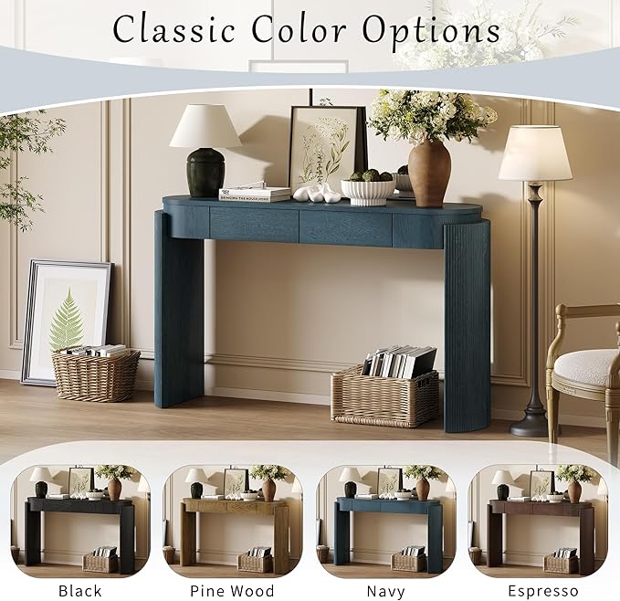 MTHOUSE 55.1" Entryway Narrow Console Table with Drawers, Oval Top & Fluted Legs, Natural Wood Grain Sofa Table for Hallway, Foyer, Behind Couch, Accent Table for Living Room, Solid Wood + MDF (Navy)