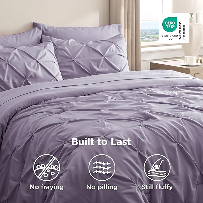 Bedsure King Size Comforter Set Grayish Purple - Bed in a Bag Bedding Set 7 Pieces, GentleSoft™ Pintuck Bed Set Gift for Family, Pinch Pleat Grayish Purple Comforter with Sheets, Pillowcases & Shams