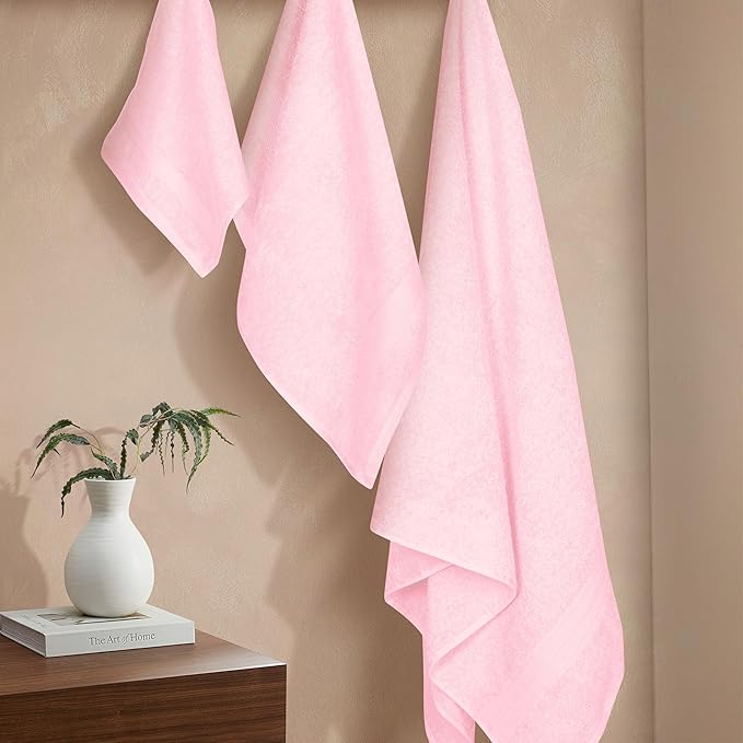 BOUTIQUO Ultra Soft 3 Pack Cotton Towel Set, Contains a Bath Towels 27x54 inch, a Hand Towels 16x24 inch & a Wash Coths 12x12 inch, Ideal Everyday use, Compact & Lightweight - Pink