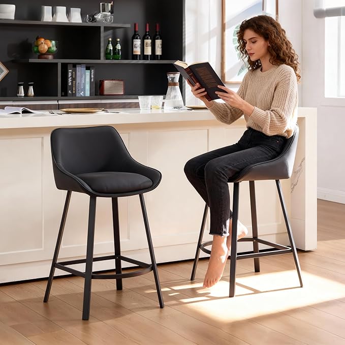 26" Modern Bar Stools Set of 2, Faux Leather Upholstered Bar Stools, Counter Height Bar Chairs with Back for Kitchen, Dining Room, Cafe, Bar - Black