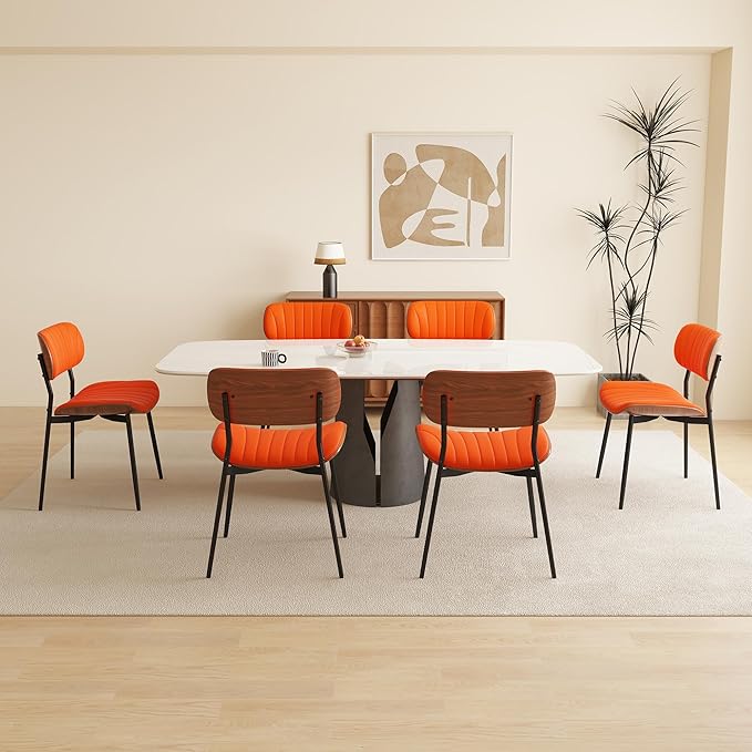 Modern PU Leather Dining Room Chairs Set of 4, Upholstered Kitchen Chairs with Walnut Bentwood Back and Metal Legs Adjustable Feet for Kitchen Dining Room(Orange)