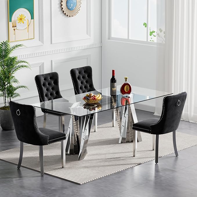 Goujxcy Modern 5 Piece Glass Dining Table Set Luxury Glass Kitchen Table and Chair Set for 4, 70" Large Rectangular Dining Room Table with 4 Tufted Chairs and Stainless Steel Legs (Silver & Black)