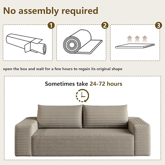 71" Boneless Loveseat Sofa - Cloud Couch with Memory Foam, Comfy Deep Seat - Corduroy Floor Sofa, No Assembly Required - Small Space Friendly for Living Room, Bedroom, Apartment, Corduroy, Camel