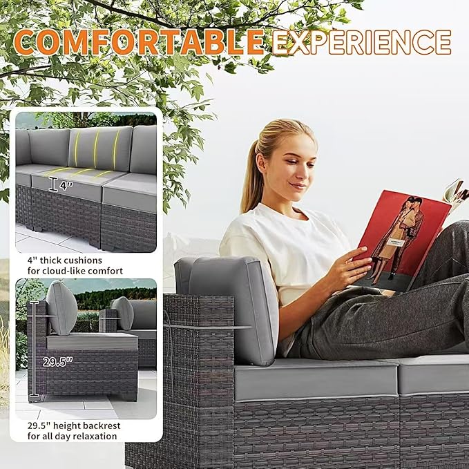 Gotland 13 Pieces Patio Furniture Set with Fire Pit Table Swivel Chairs, PE Rattan Outdoor Furniture Set with 29.5'' High Backrest 4’’ Thick Cushions Coffee Table, Patio Set for Porch, Deck, Grey