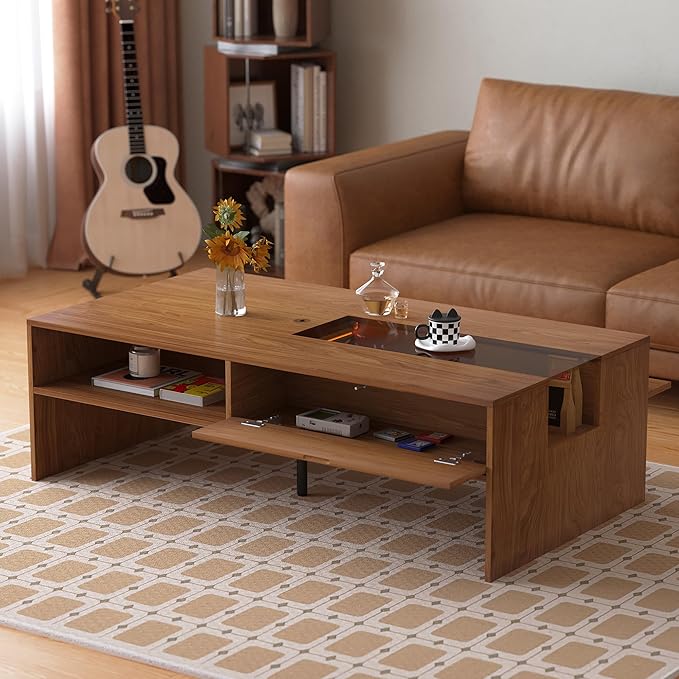 Coffee Table with LED Lights, 51" Modern Rectangular Living Room Center Table with Storage Shelves & Hidden Compartment, Stylish Tea Table for Apartment, Home, Office