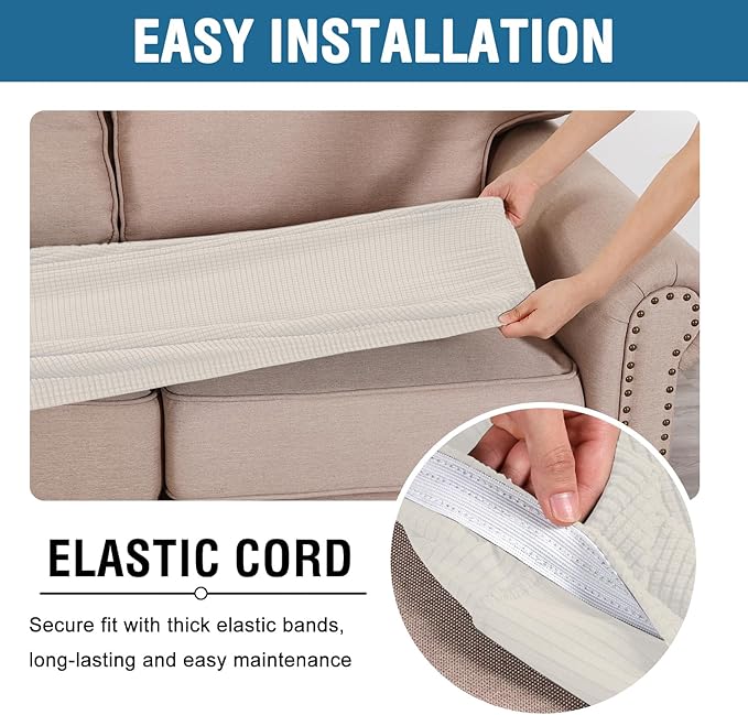 H.VERSAILTEX Super Stretch Individual Seat Cushion Covers Sofa Covers Couch Cushion Covers Slipcover Sets Thick Jacquard Textured Twill Fabric (1 Piece Loveseat Cushion Cover, Cream)