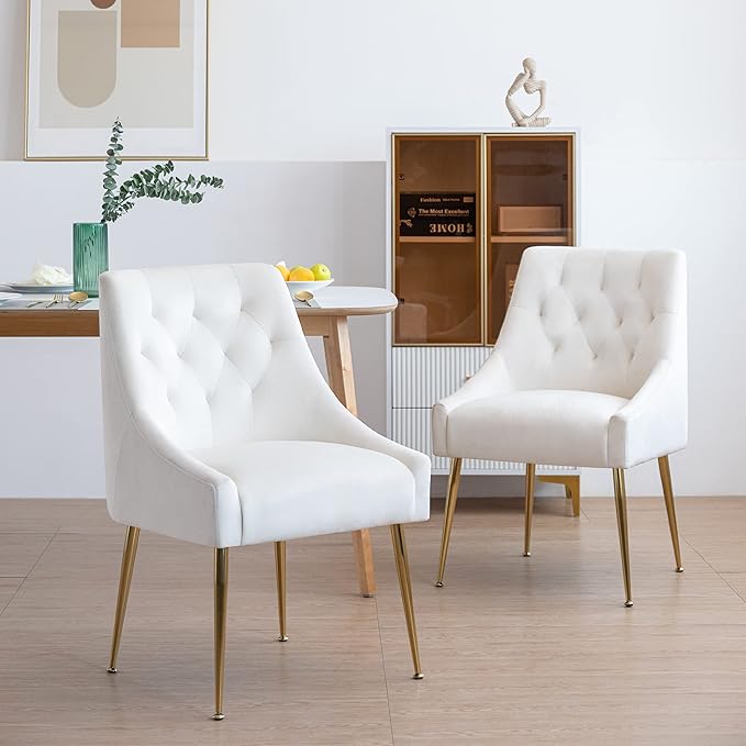 Modern Dining Chairs Set of 2, Mid Century Chairs with 5.12” Cushions and Golden Legs, Velvet Upholstered Dining Chairs with Back Pull Rod, for Kitchen, Living Room (Beige)