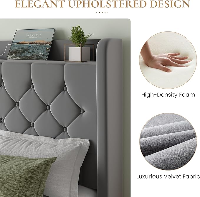 SHA CERLIN Full Size Platform Bed Frame with Charging Station, Velvet Wingback Headboard with Storage Shelf, Wooden Slats Support, Ample Under-Bed Space, No Box Spring Needed, Easy Assembly, Grey