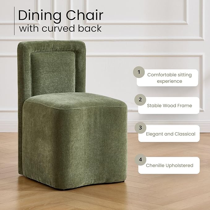 Green Upholstered Dining Chairs Set of 2, Armless Modern Chenille Dining Chairs with High Back, Kitchen Chair for Dining Room/Restaurant/Living Room