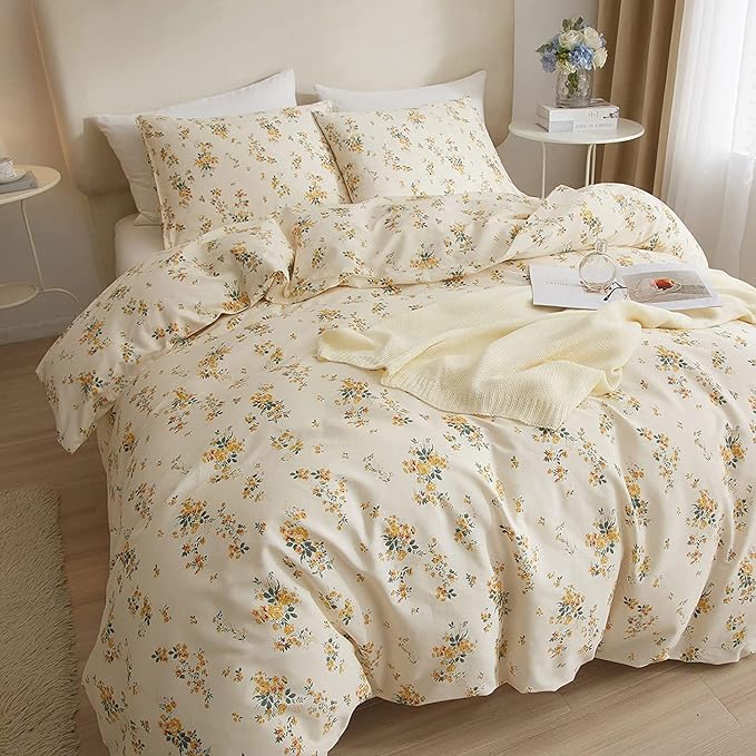 LifeTB Yellow Floral Duvet Cover 3 Piece Cotton Floral Cottagecore Bedding Sets Chic Flower Vintage Style Comforter Cover 1 Duvet Cover with 2 Pillow Shams, Full(80''x90'')