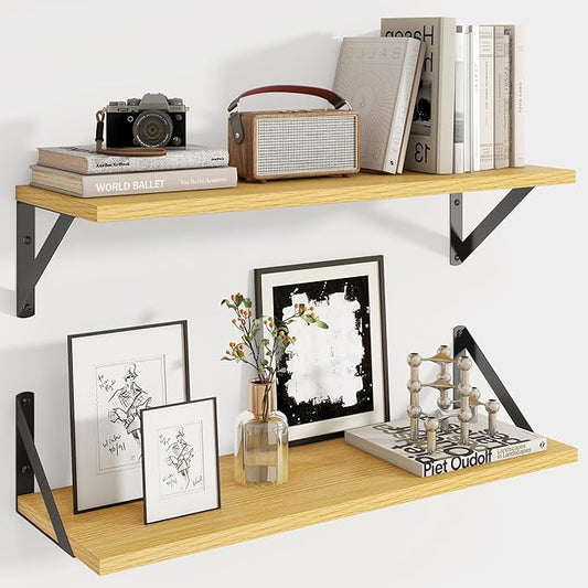 Axeman 24 Inch Floating Shelves | 8 Inch Deep Oak Wall Shelves Set of 2 | 24W x 8D Rustic Wood Shelves for Bookshelf Living Room Bedroom Home Office Bathroom